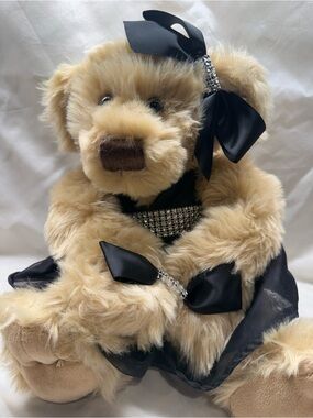 Plush Beige Teddy Bear with Black Satin Dress and Bow